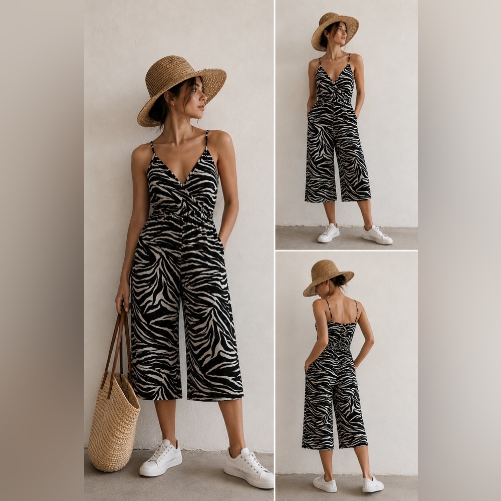 Zebra Print Black & White Wide-Leg Jumpsuit